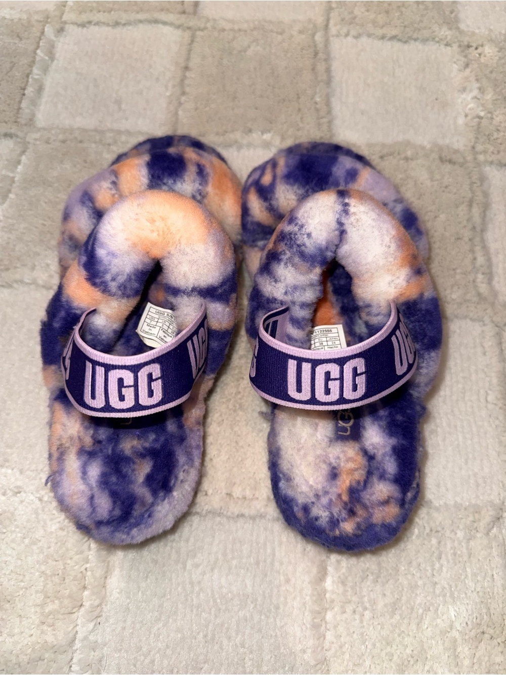 UGG Fluff Yeah Tie-Dye Slide Sandals - Purple & Peach Size 7